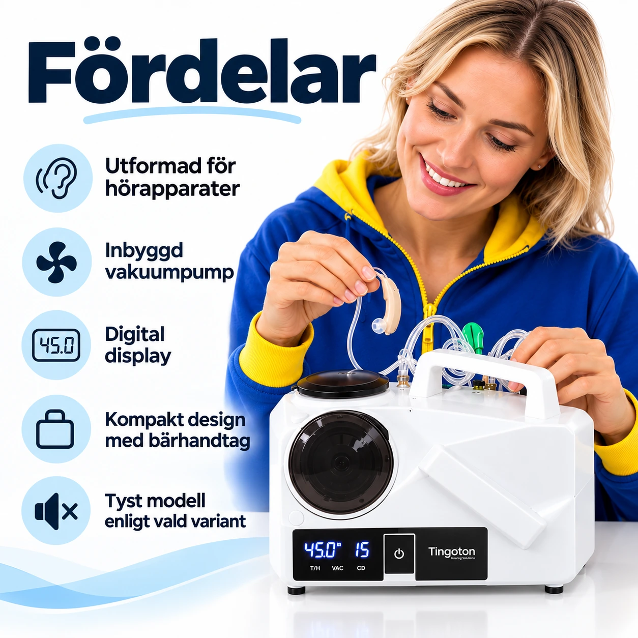 Rengöringsmaskin för hörapparater med vakuumpump