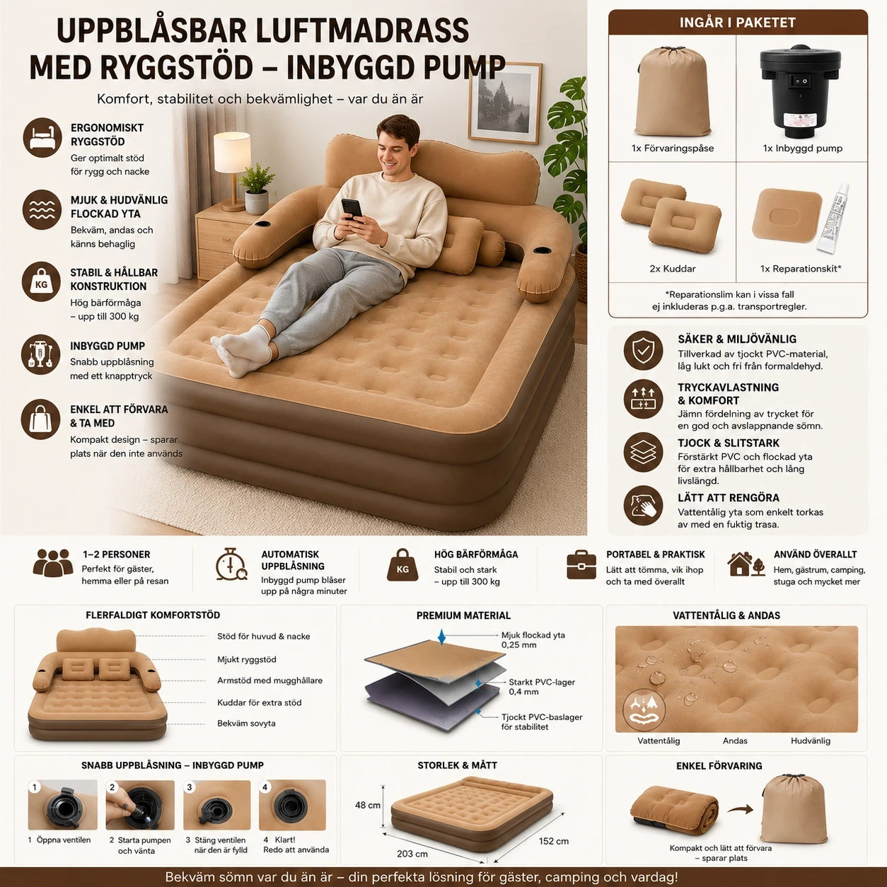 Uppblåsbar Luftmadrass med Ryggstöd – Inbyggd Pump