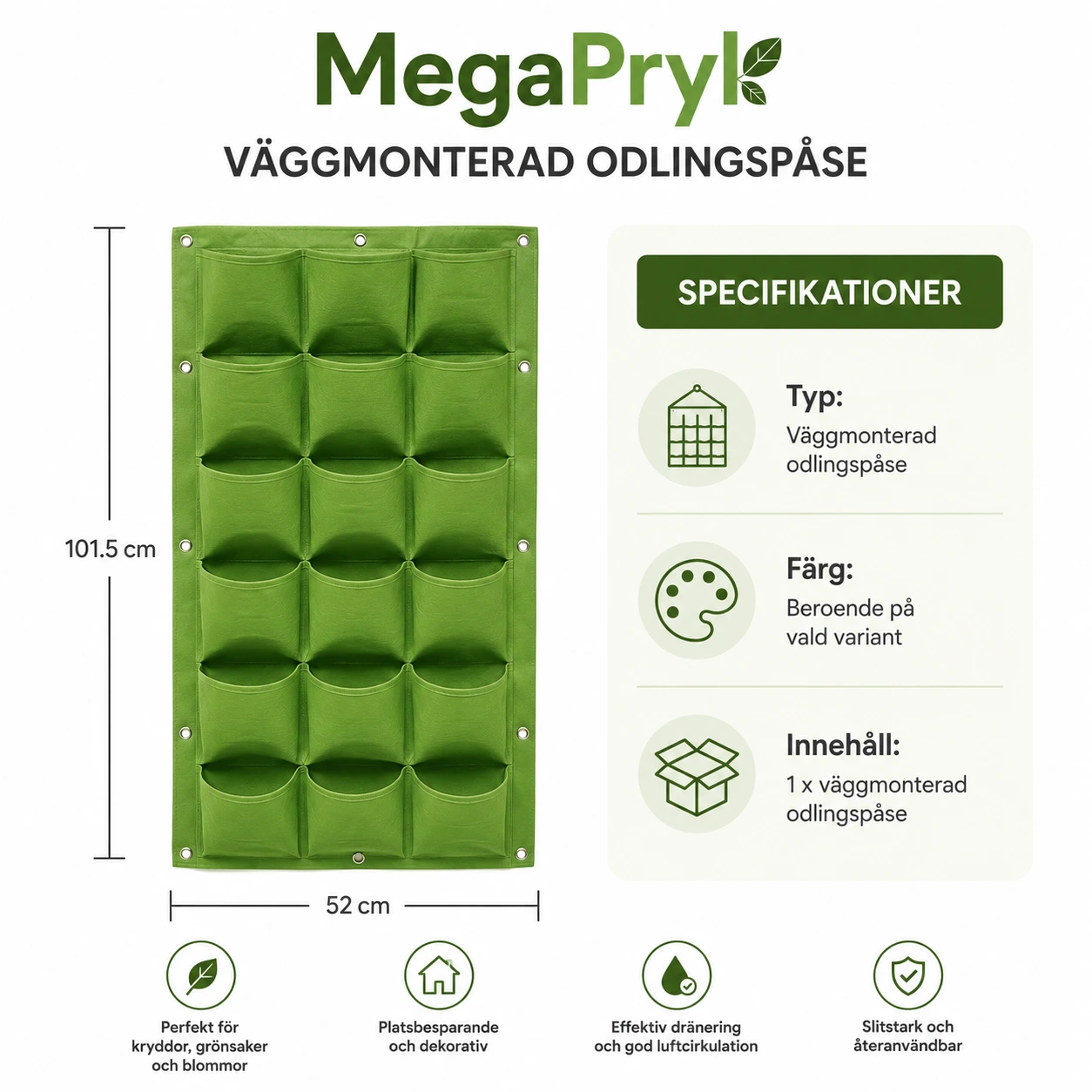 Väggmonterad odlingspåse med planteringsfickor