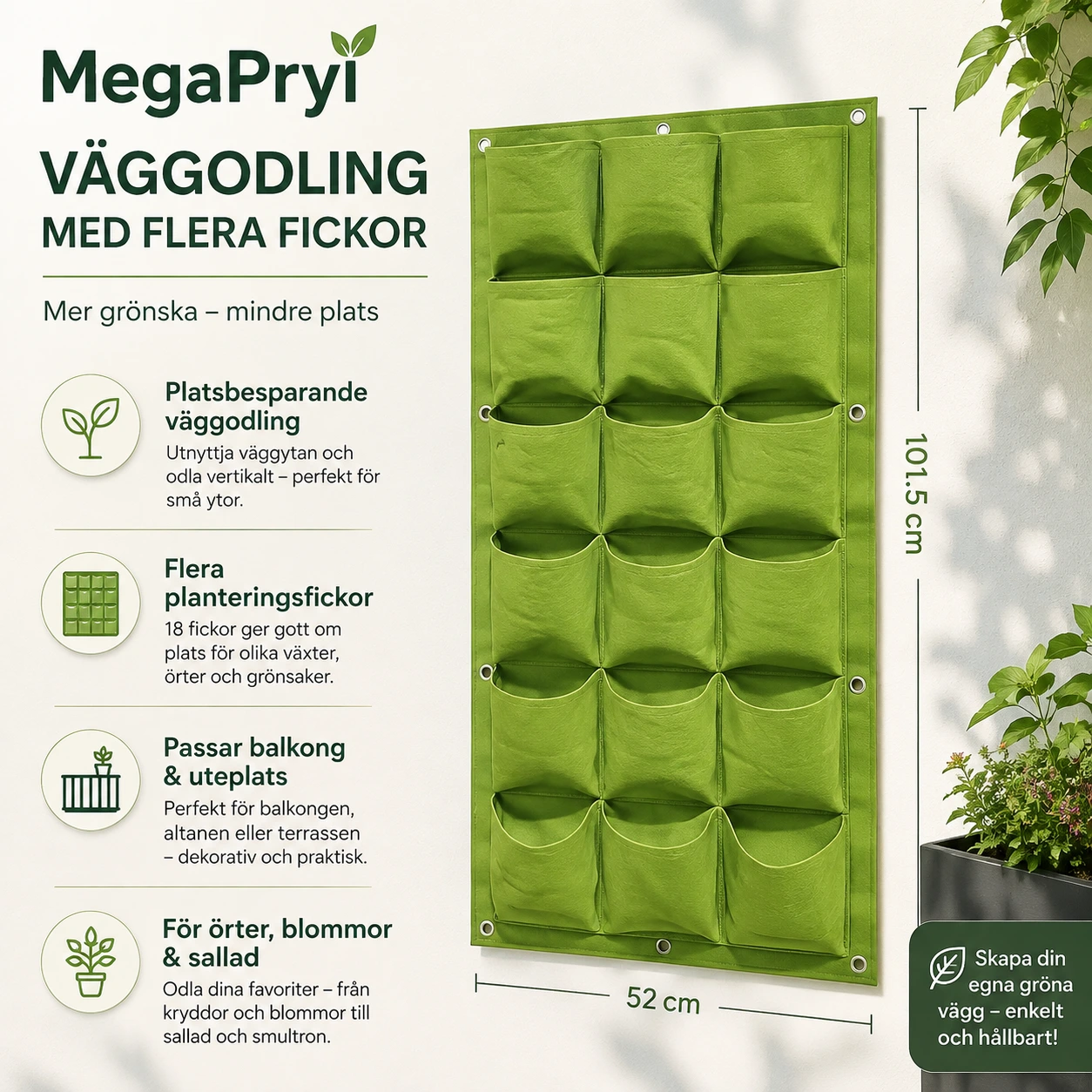 Väggmonterad odlingspåse med planteringsfickor