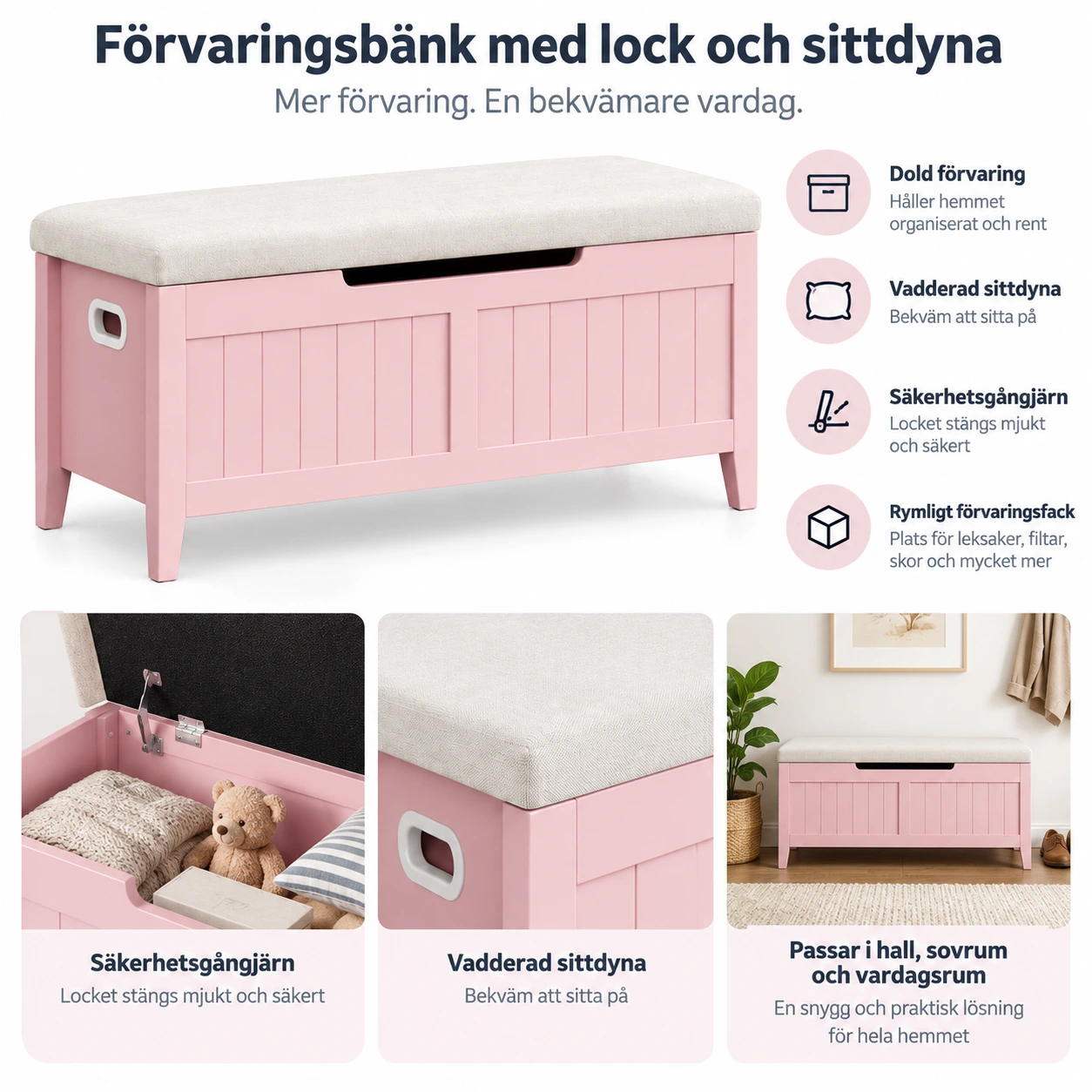 Oppbevaringsbenk med lokk og sittepute