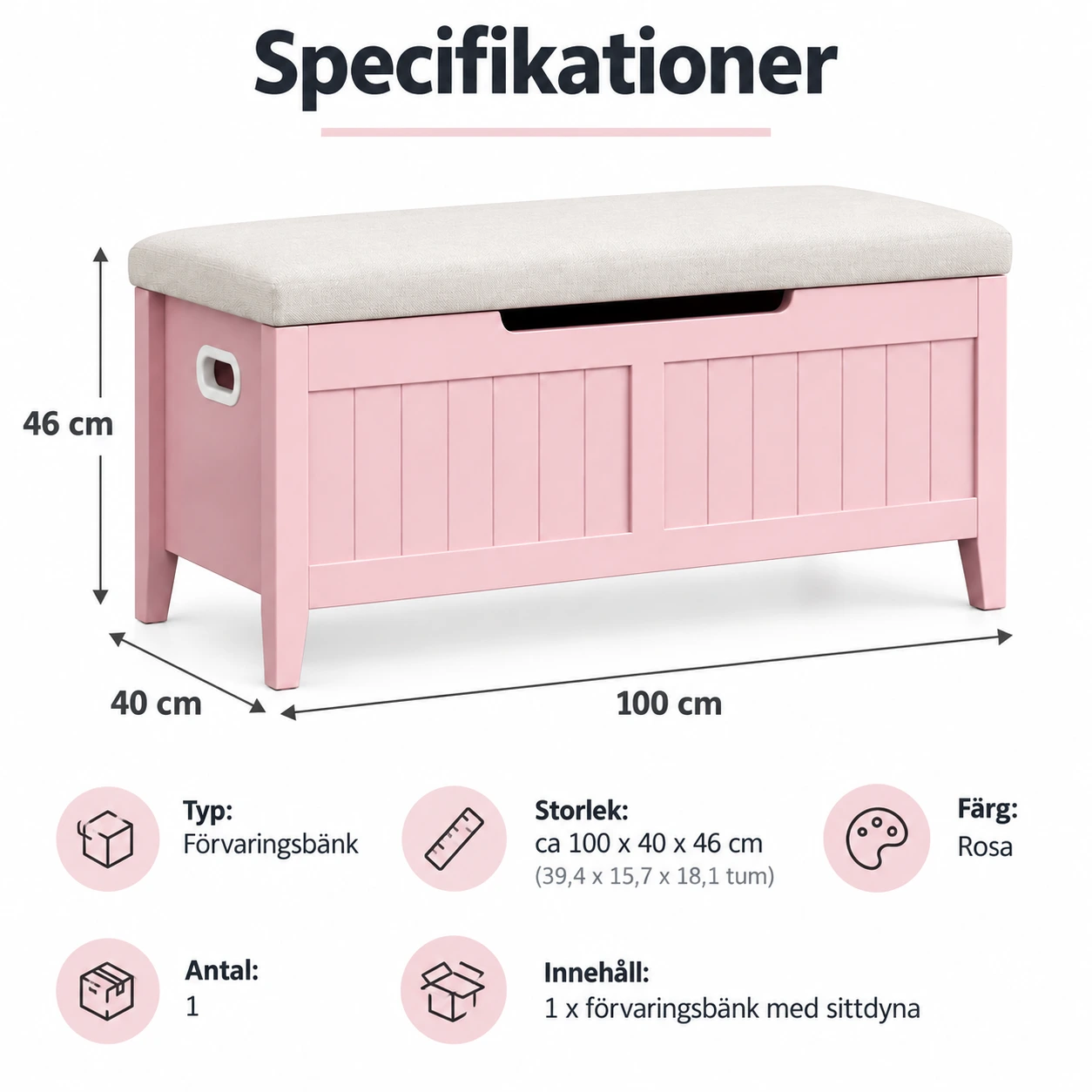 Oppbevaringsbenk med lokk og sittepute