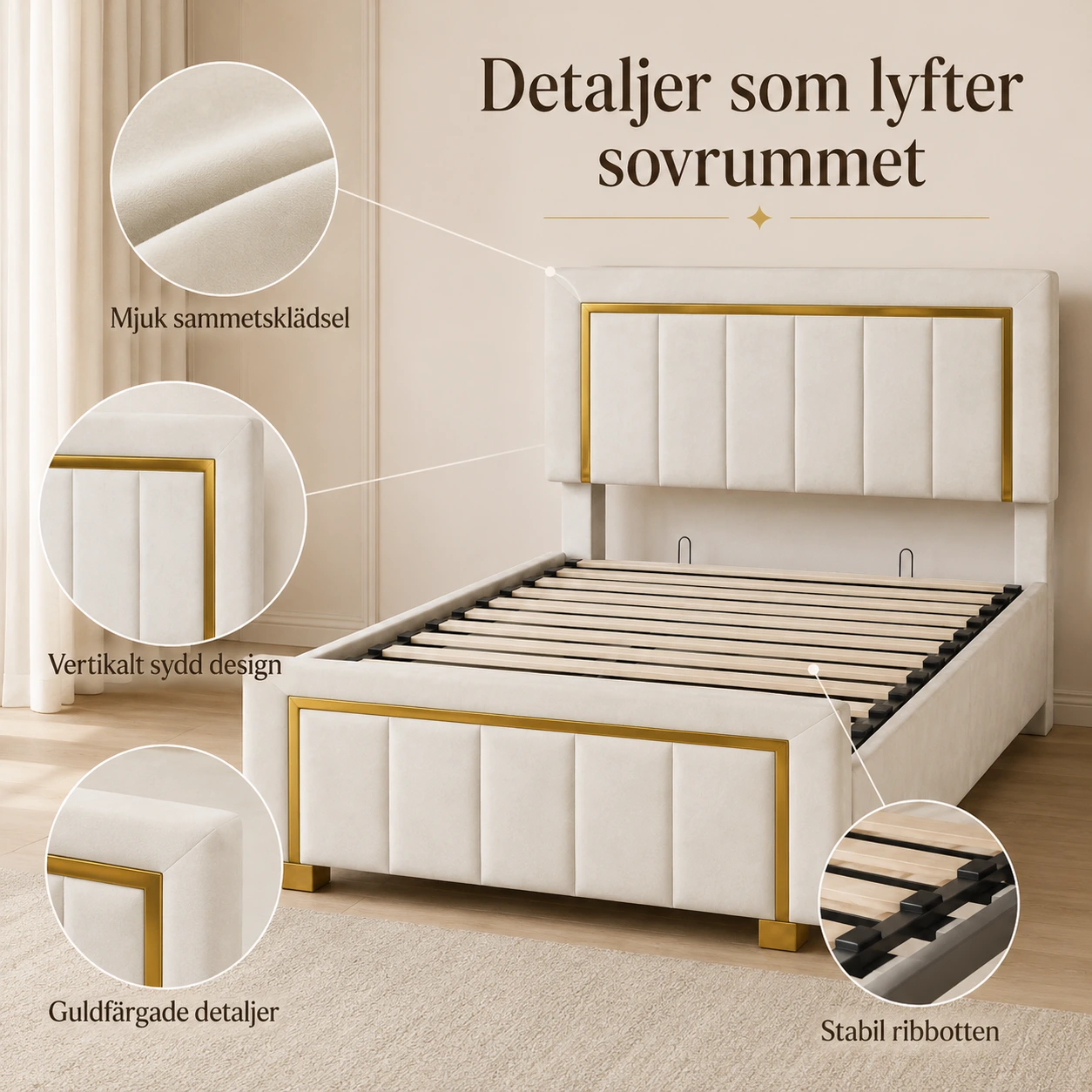 Säng 90x200 med förvaring och sammetsklädsel