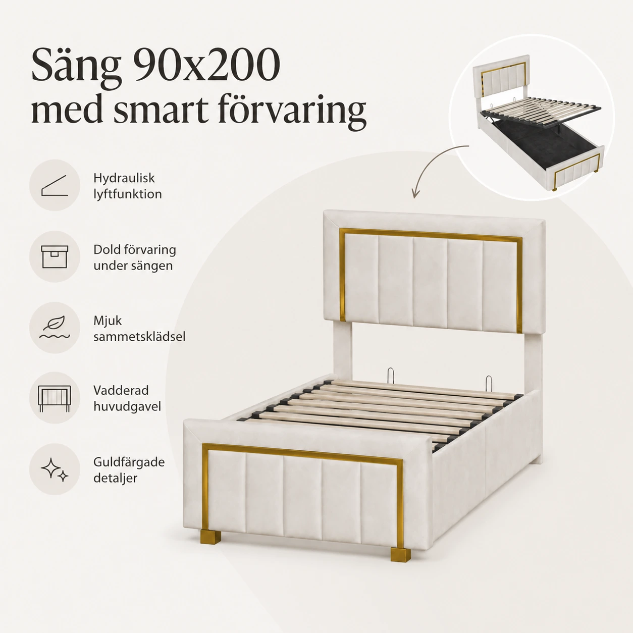 Säng 90x200 med förvaring och sammetsklädsel