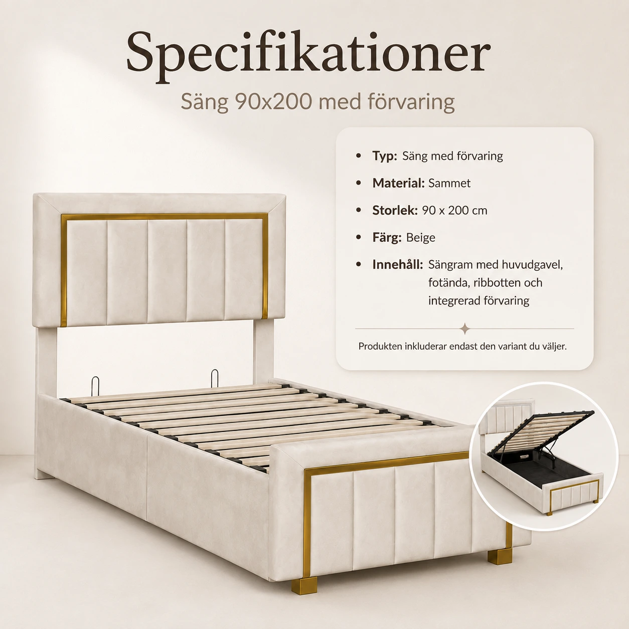 Säng 90x200 med förvaring och sammetsklädsel