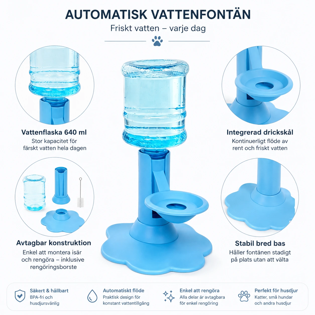 Automatisk vattenfontän för husdjur med stativ