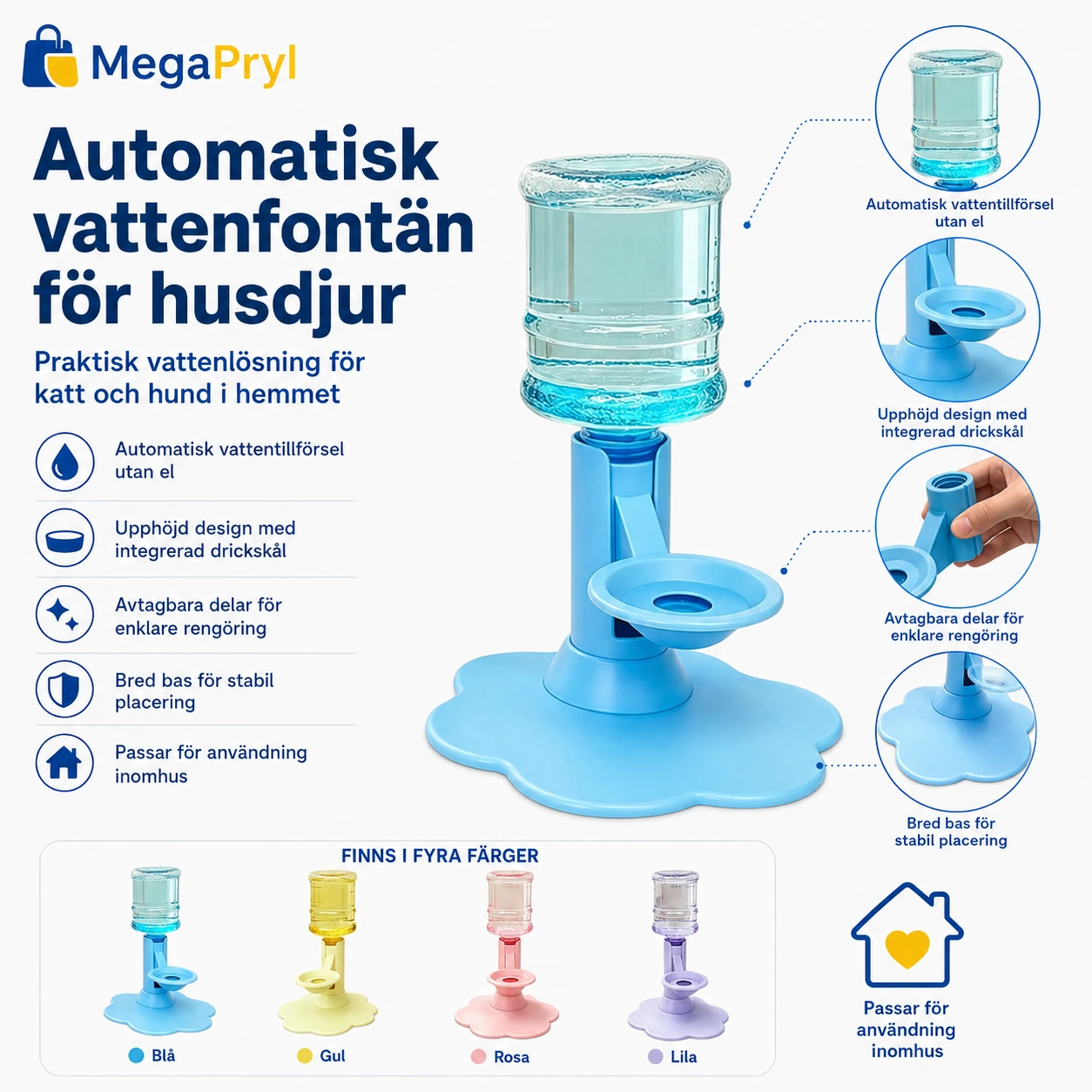Automatisk vattenfontän för husdjur med stativ