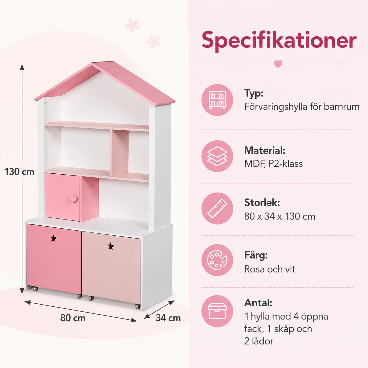 Barnbokhylla i husform med lådor och skåp