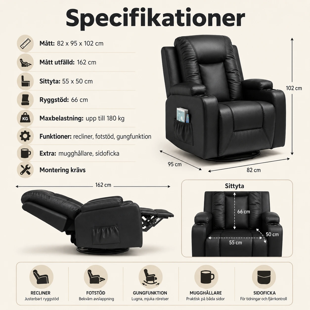 Reclinerfåtölj Svart med Fotstöd och Gungfunktion