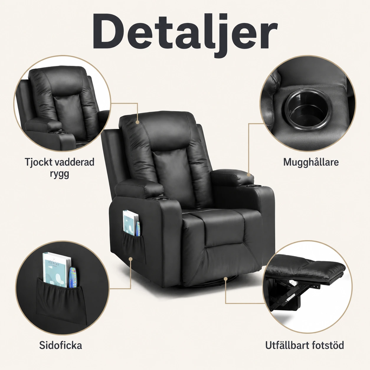 Reclinerfåtölj Svart med Fotstöd och Gungfunktion
