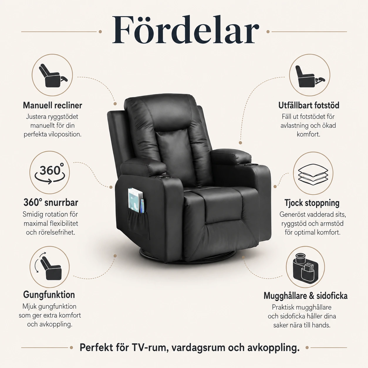 Reclinerfåtölj Svart med Fotstöd och Gungfunktion