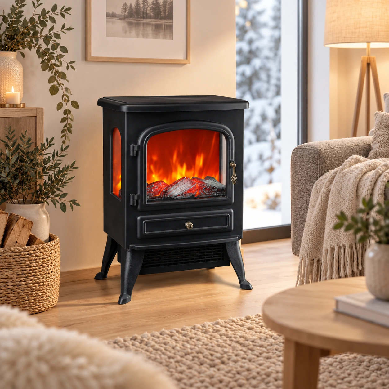 Elektrisk kamin med LED-flamma och överhettningsskydd