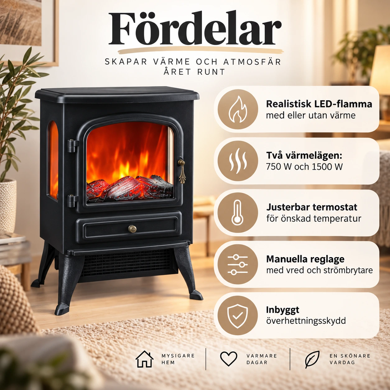 Elektrisk kamin med LED-flamma och överhettningsskydd