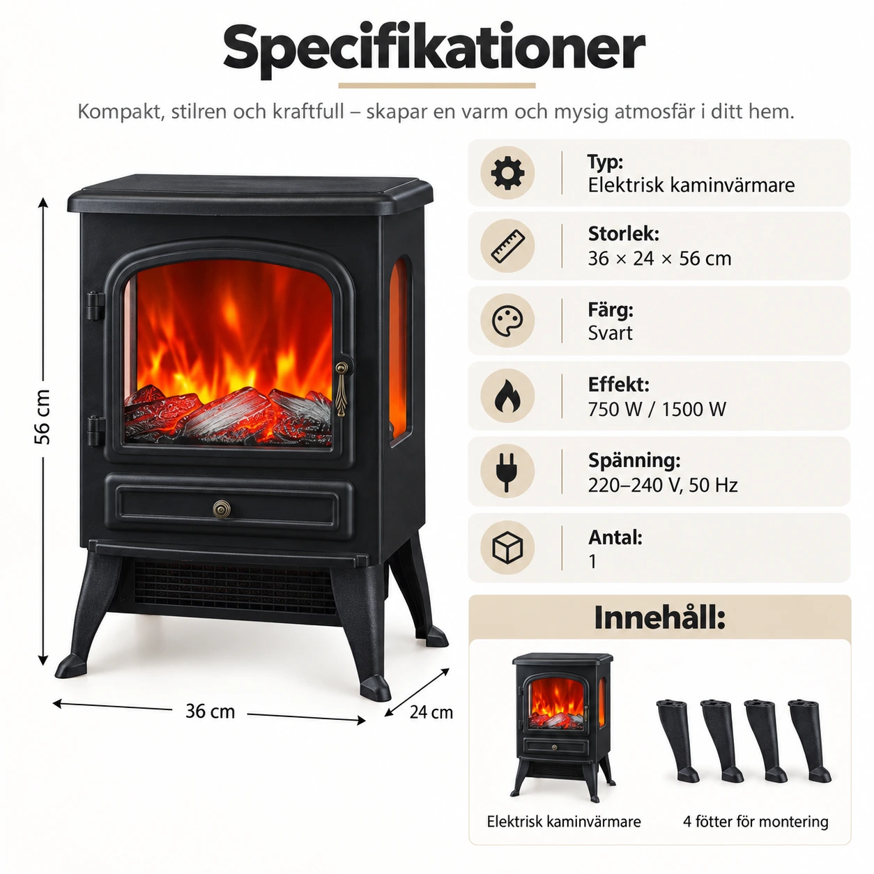 Elektrisk kamin med LED-flamma och överhettningsskydd