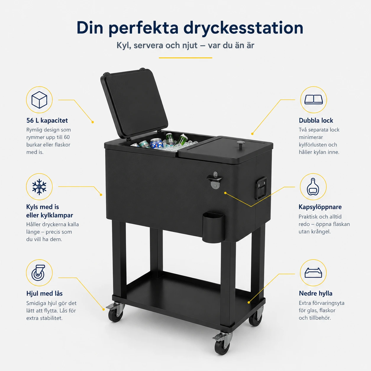 Kylvagn 56 L på hjul med kapsylöppnare och hylla