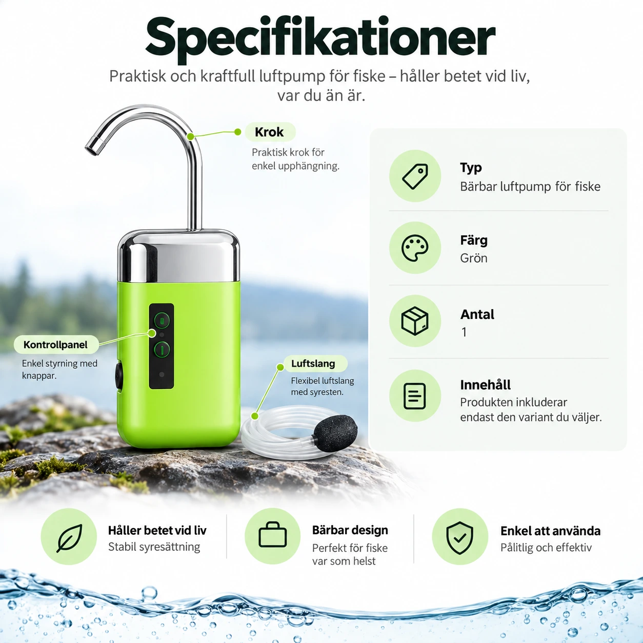 Bärbar luftpump för fiske med krok och LED-ljus