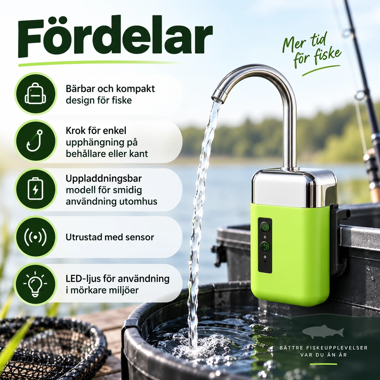 Bärbar luftpump för fiske med krok och LED-ljus