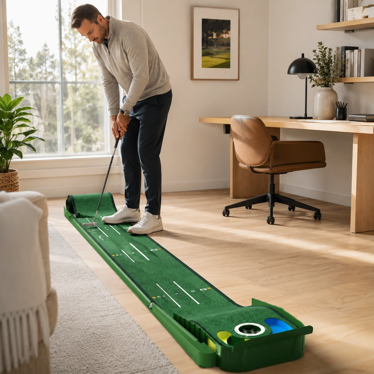 Puttingmatta för golf inomhus med bollretur och sikthjälp