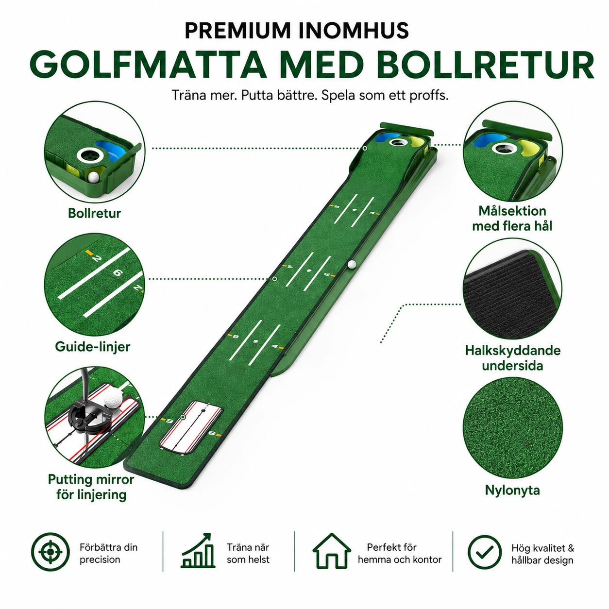 Puttingmatta för golf inomhus med bollretur och sikthjälp
