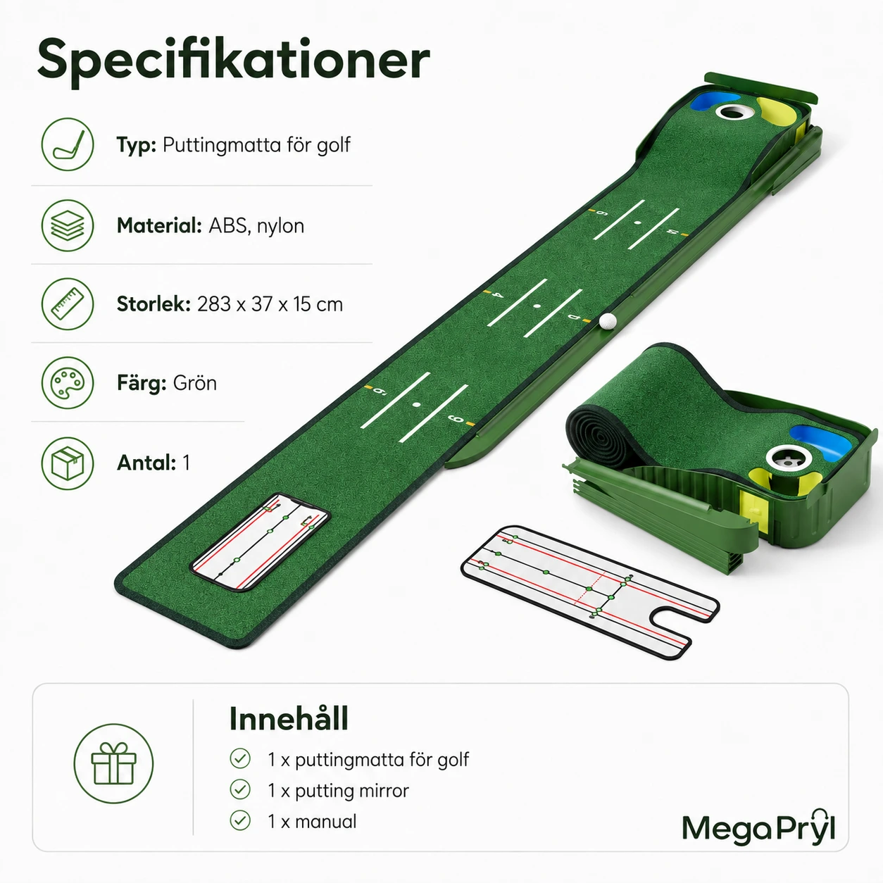 Puttingmatta för golf inomhus med bollretur och sikthjälp