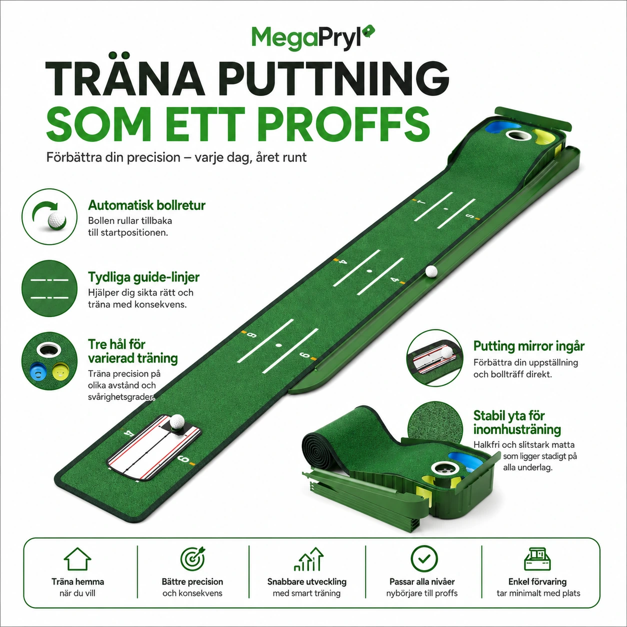 Puttingmatta för golf inomhus med bollretur och sikthjälp
