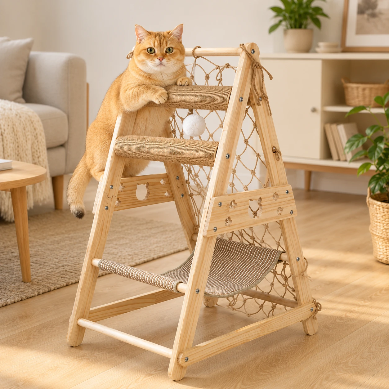 Klätterställning för katt med hängmatta och sisal
