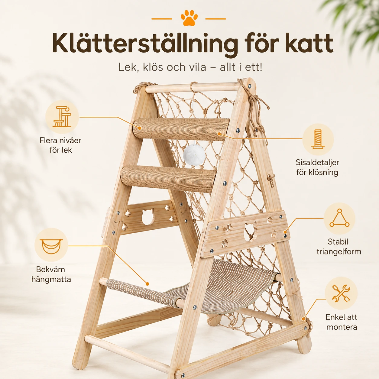 Klätterställning för katt med hängmatta och sisal