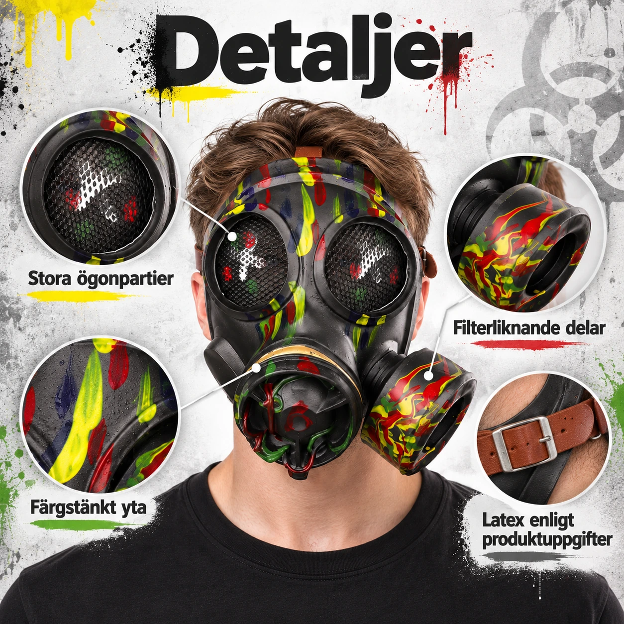 Maske med gassmaskemotiv i lateks
