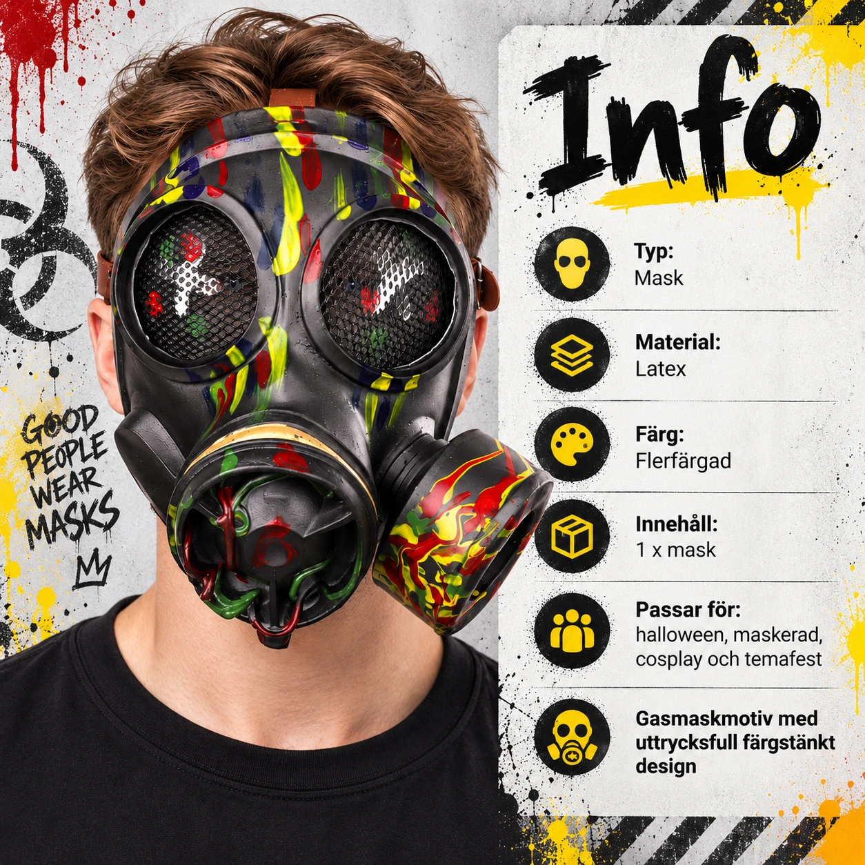 Maske med gassmaskemotiv i lateks