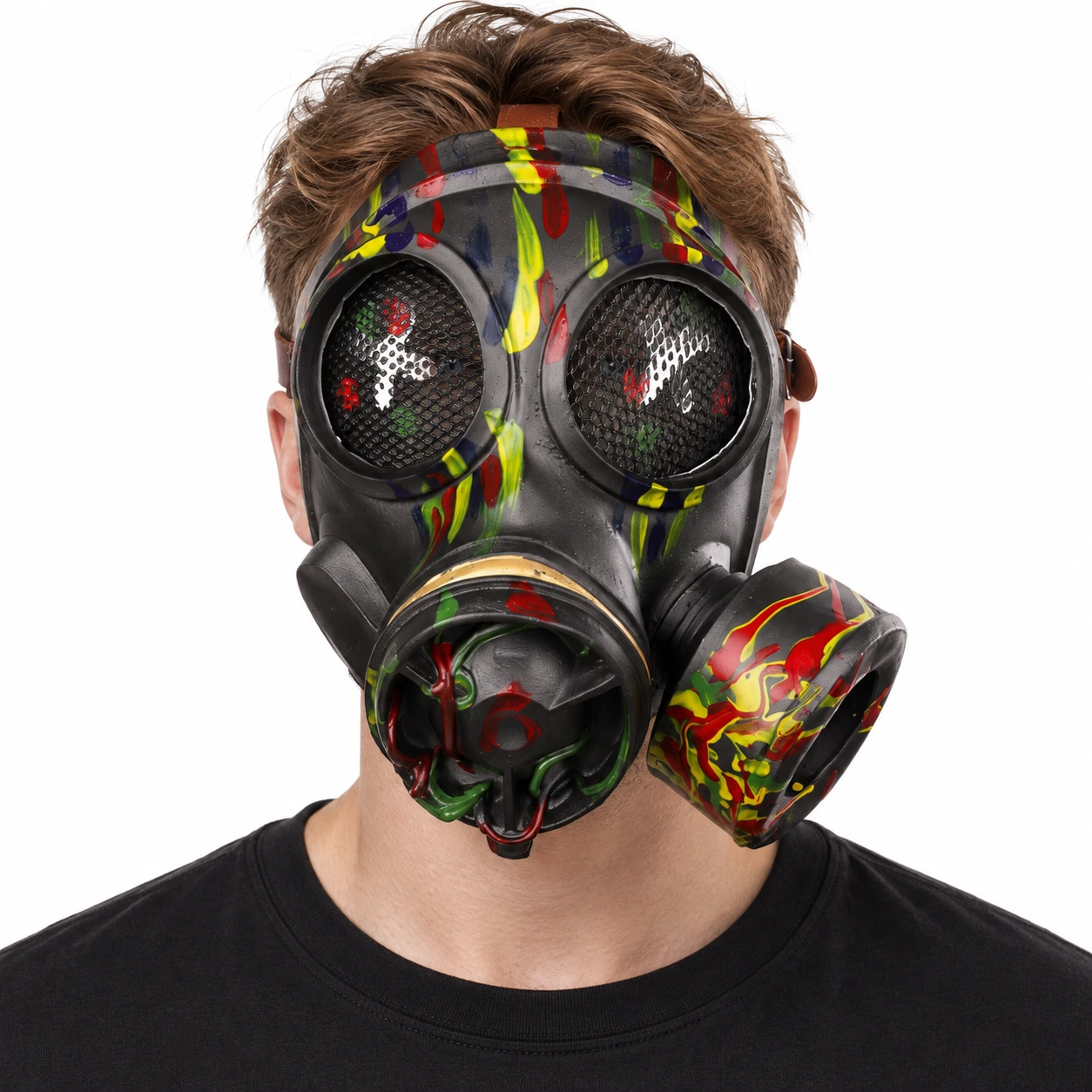 Maske med gassmaskemotiv i lateks