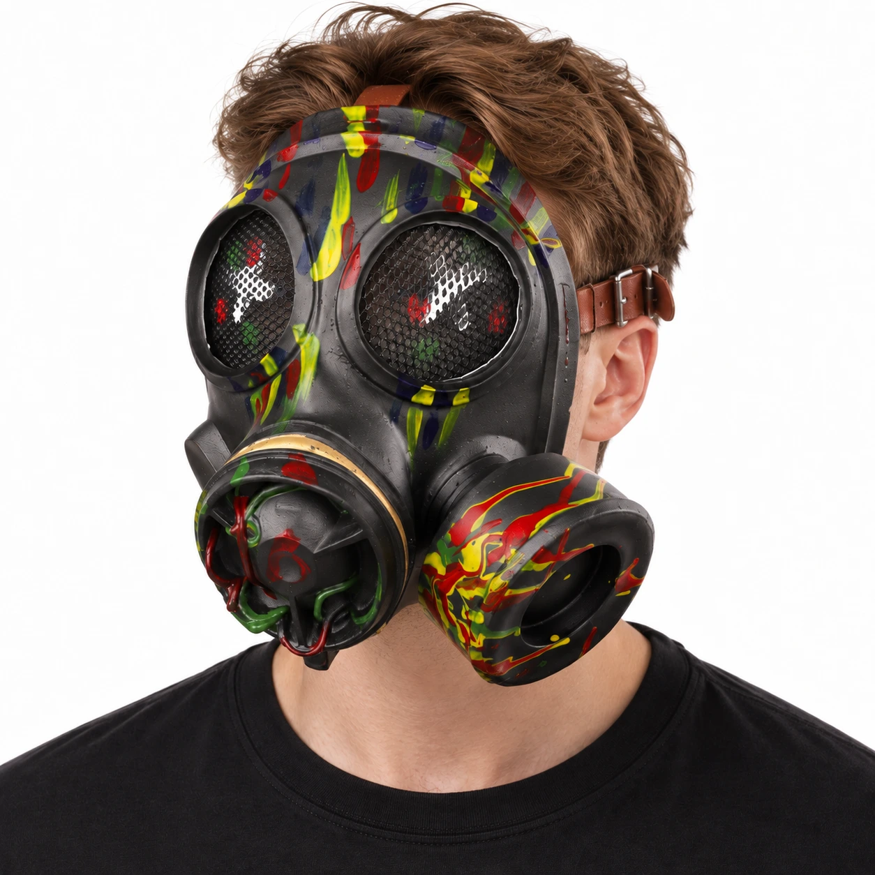 Maske med gassmaskemotiv i lateks