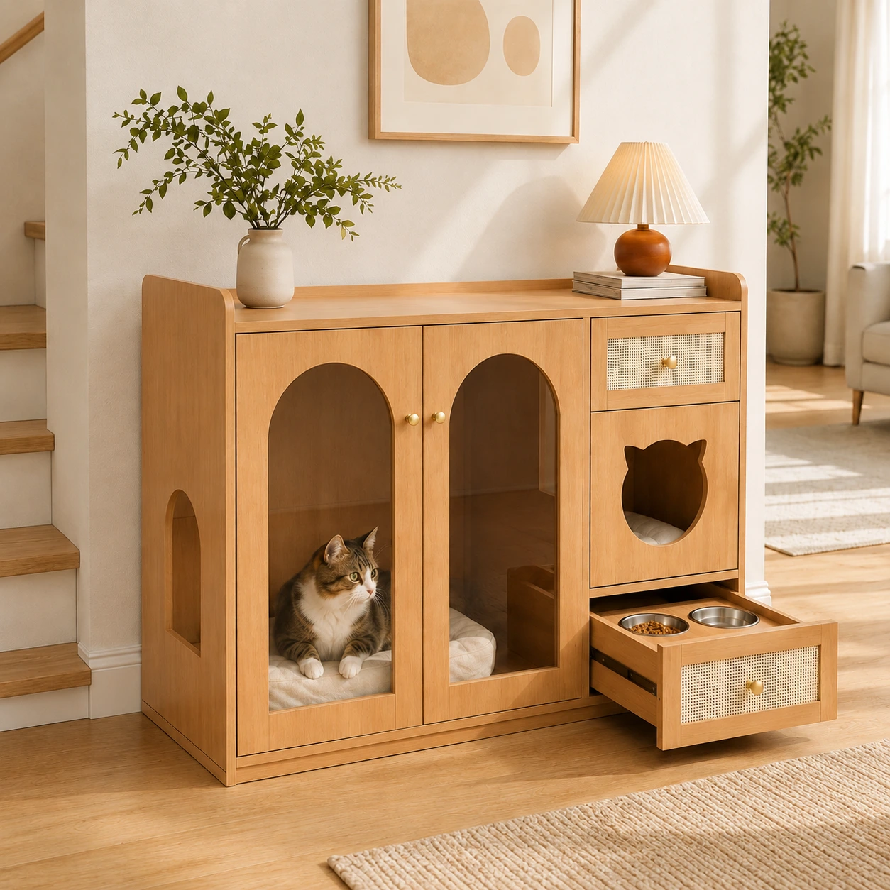 Kattskåp med matlåda och förvaring