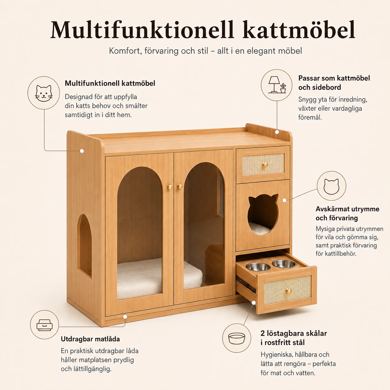 Kattskåp med matlåda och förvaring