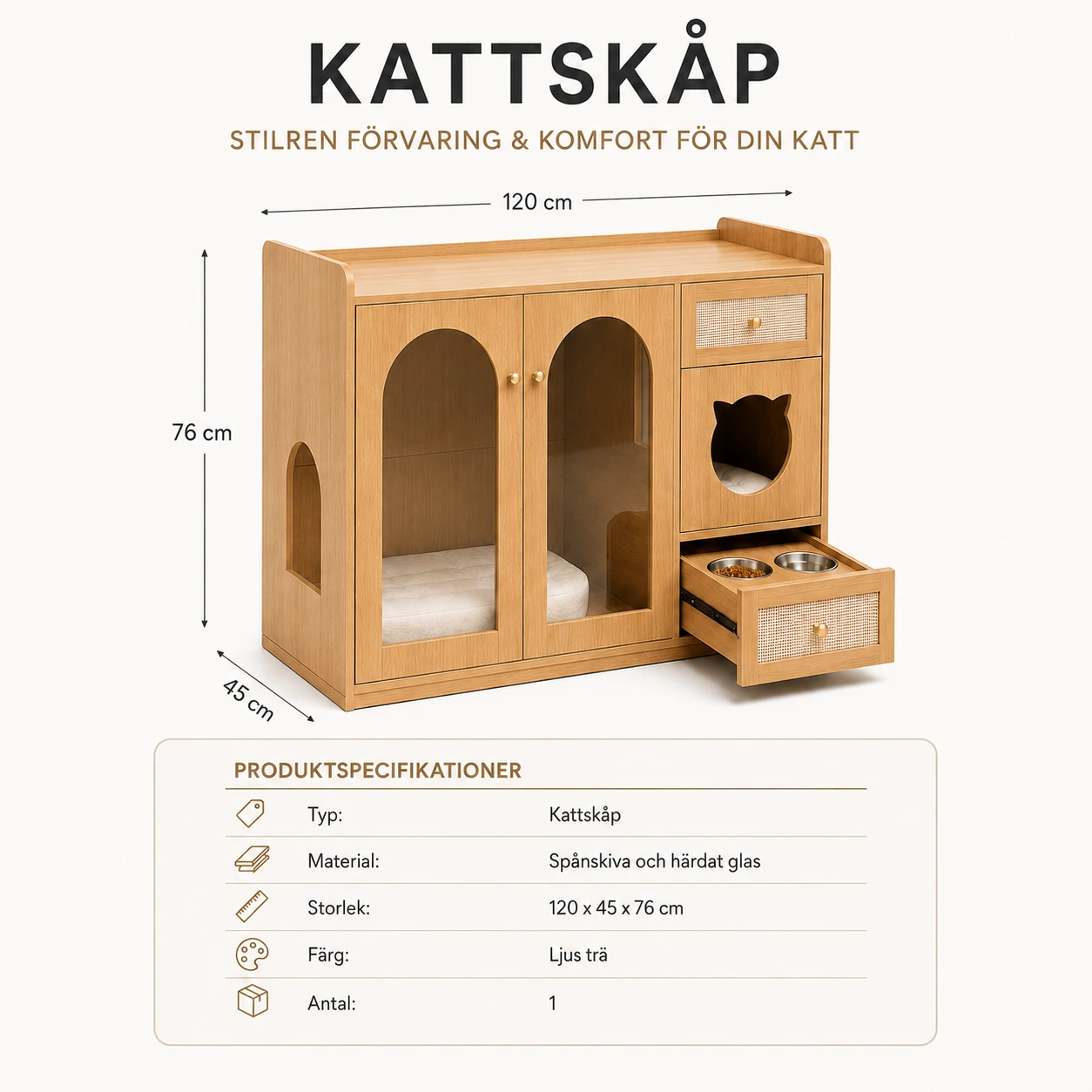 Kattskåp med matlåda och förvaring
