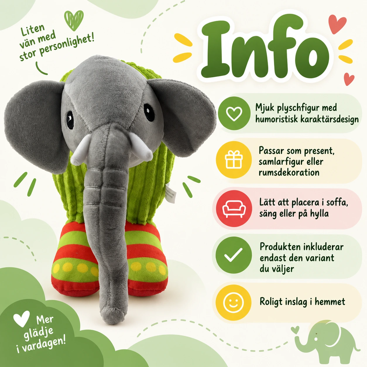 Grå Elefant med Grön Kropp och Färgglada Ben