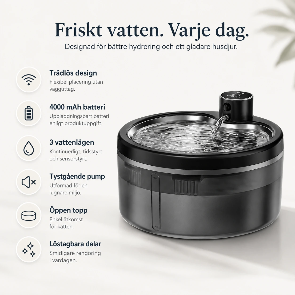 Trådlös vattenfontän för katt 2,5 l med uppladdningsbart batteri