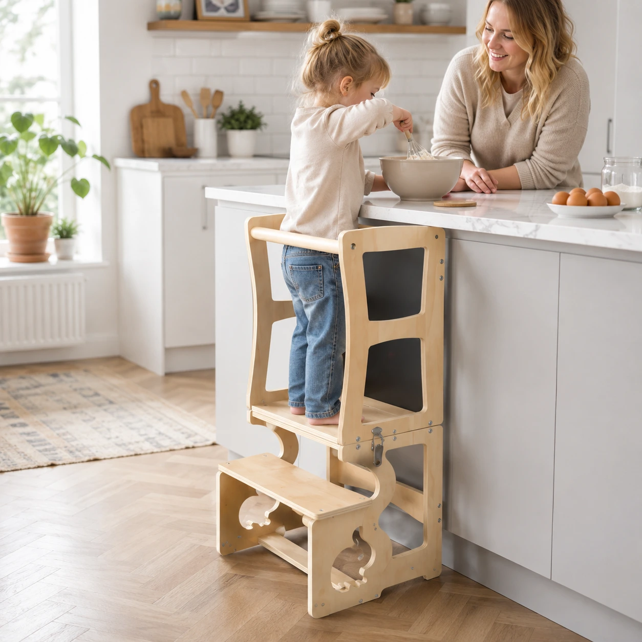 Lärningstorn för barn med tavla och omvandlingsbar design