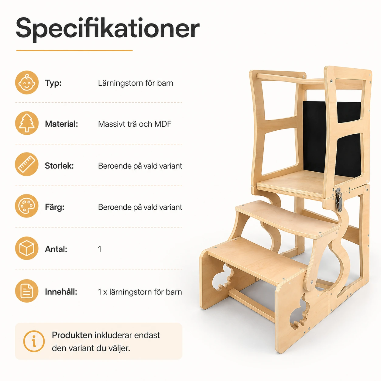 Lärningstorn för barn med tavla och omvandlingsbar design