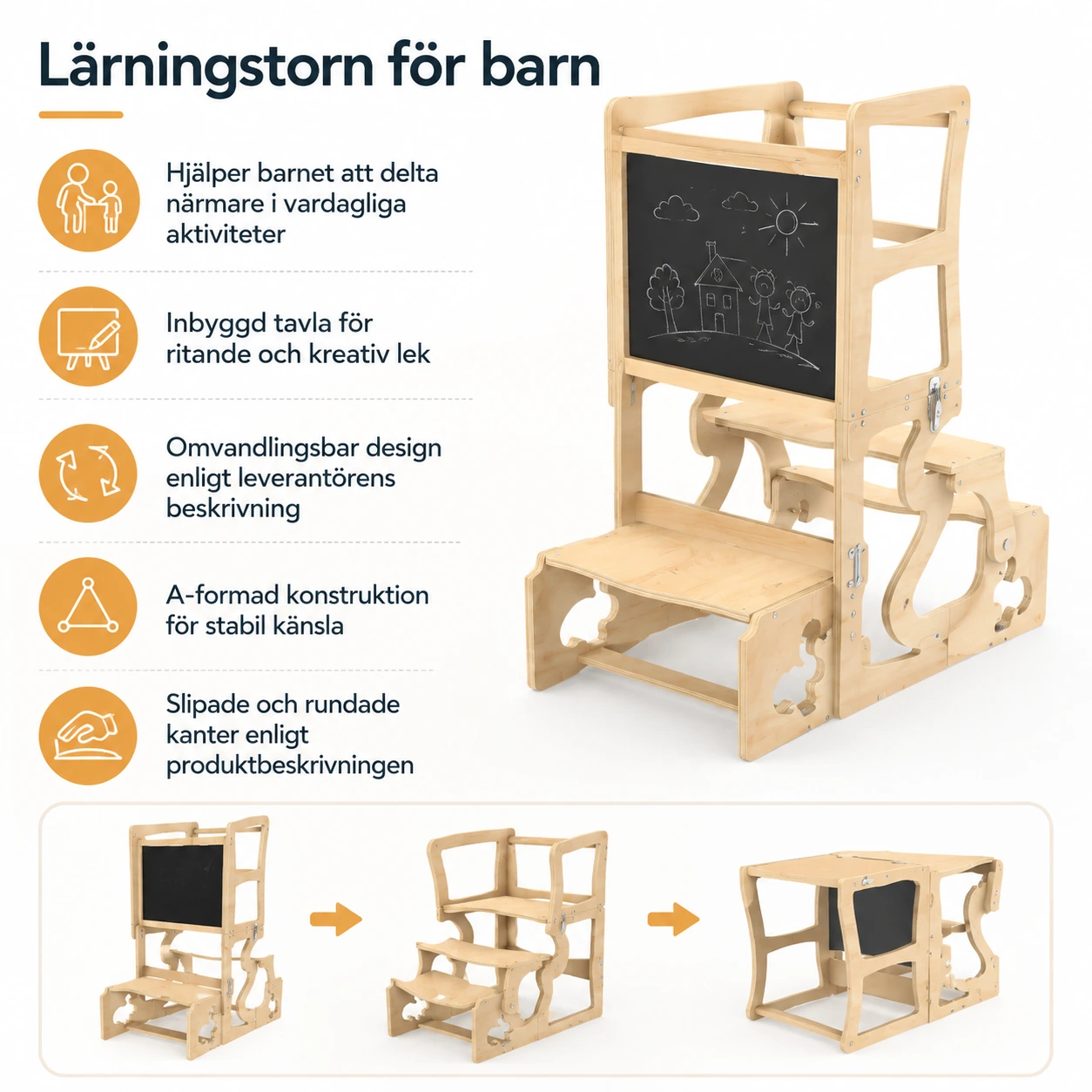 Lärningstorn för barn med tavla och omvandlingsbar design
