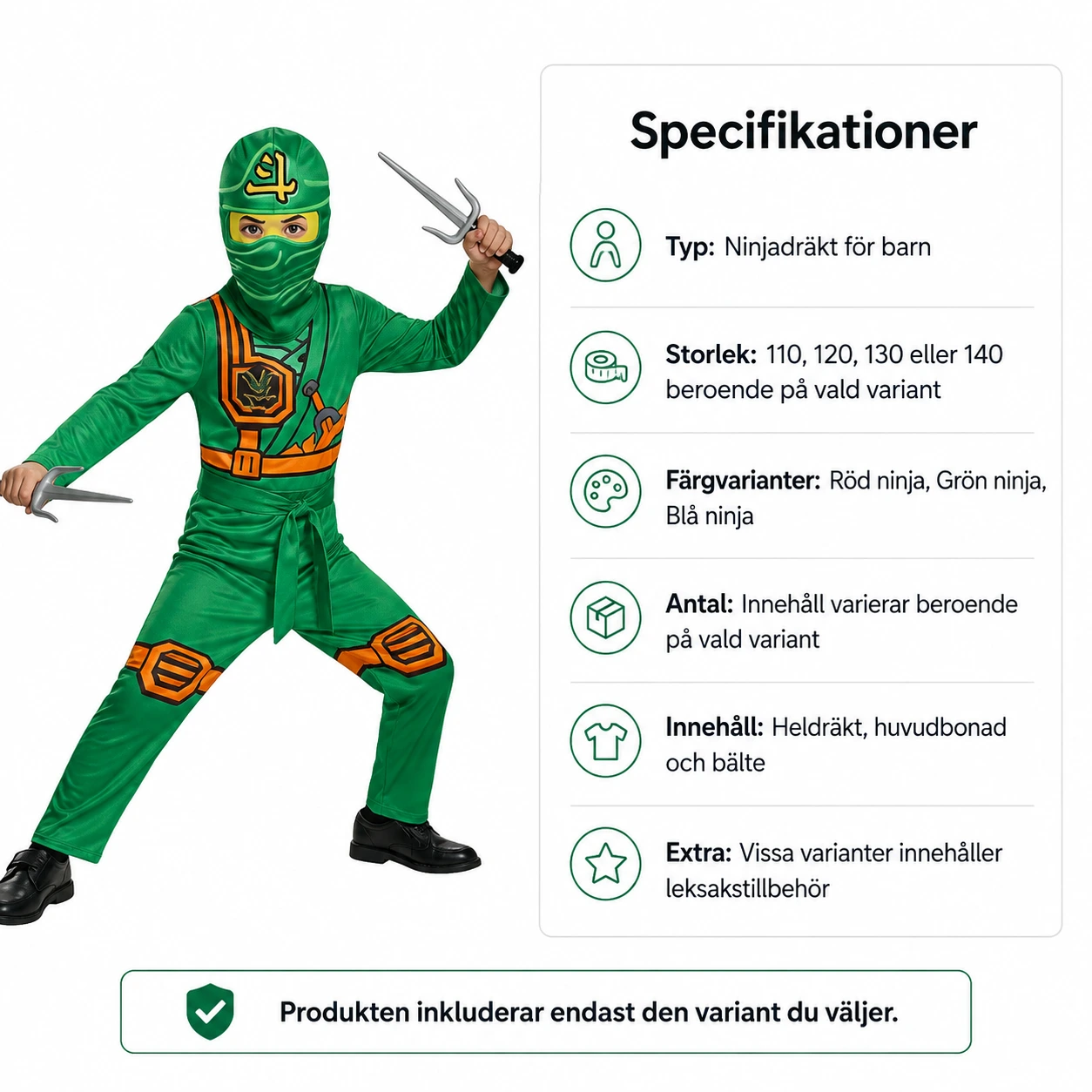 Ninjadräkt för barn till maskerad och halloween