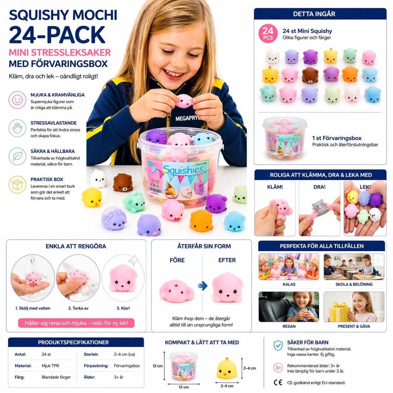Squishy Mochi 24-pack – Mini Stressleksaker med Box