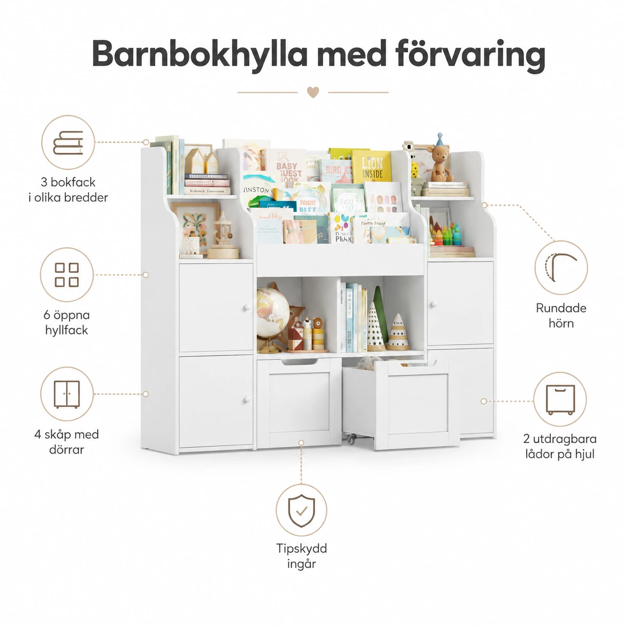 Barnbokhylla med förvaring och hjulförsedda lådor