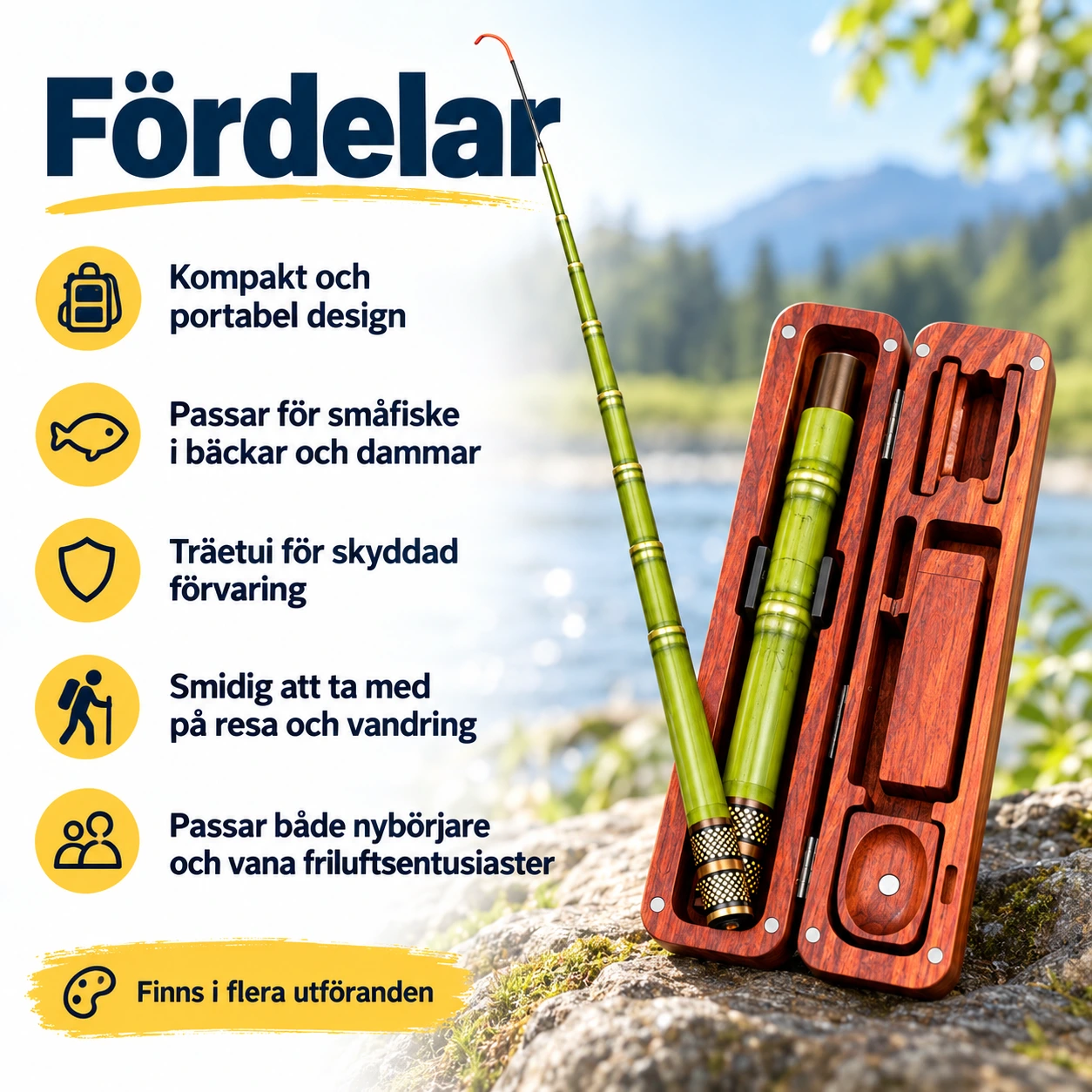 Tenkara fiskespö för småfiske med träetui