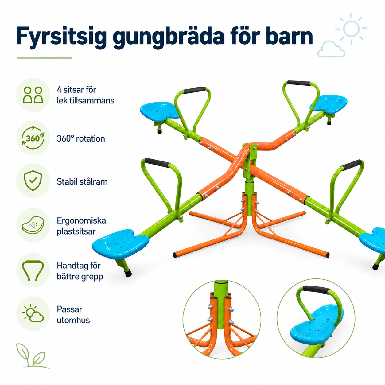 Fyrsitsig gungbräda för barn med 360° rotation