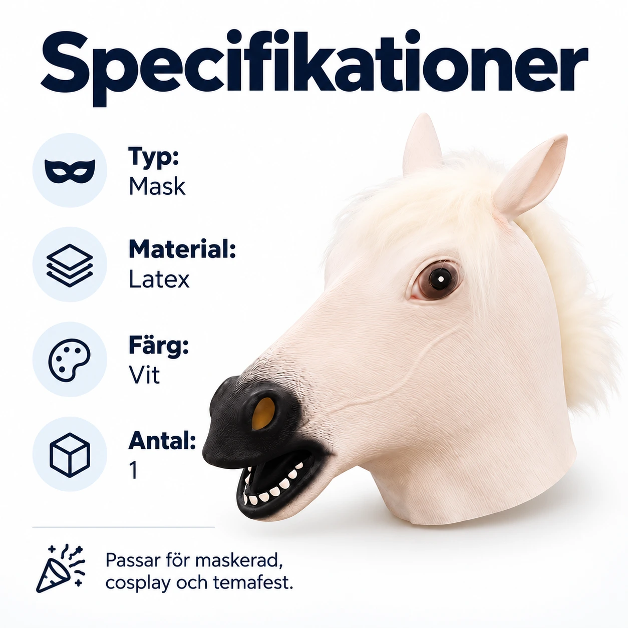 Vit Häst Latexmask med Svart Mula