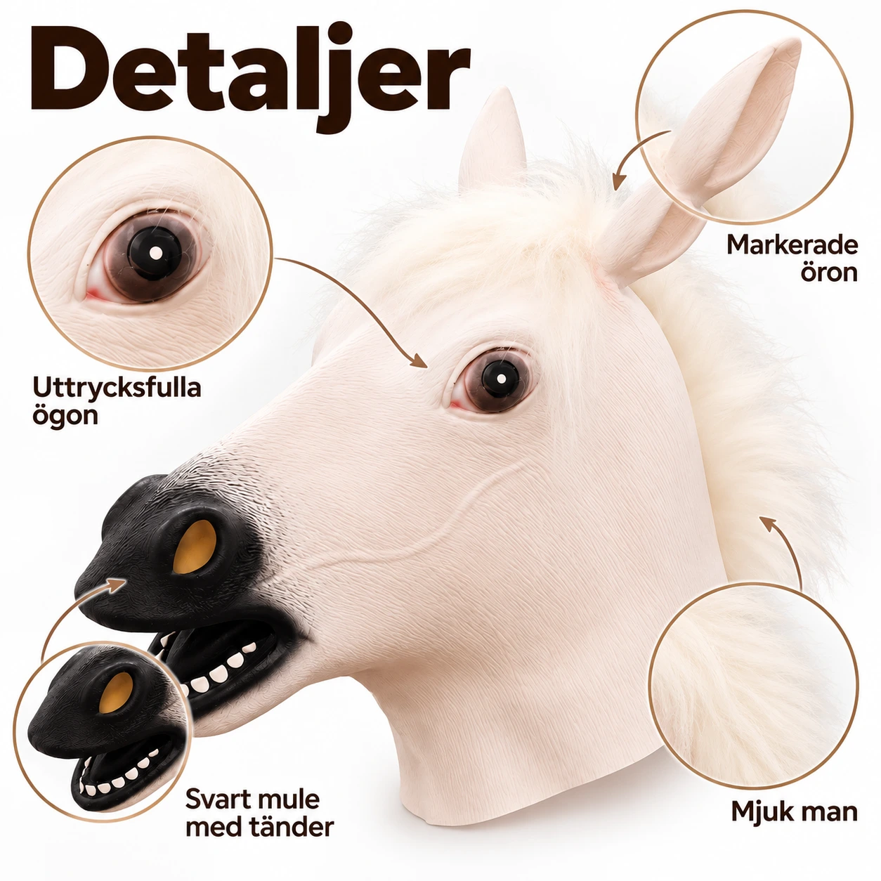Vit Häst Latexmask med Svart Mula