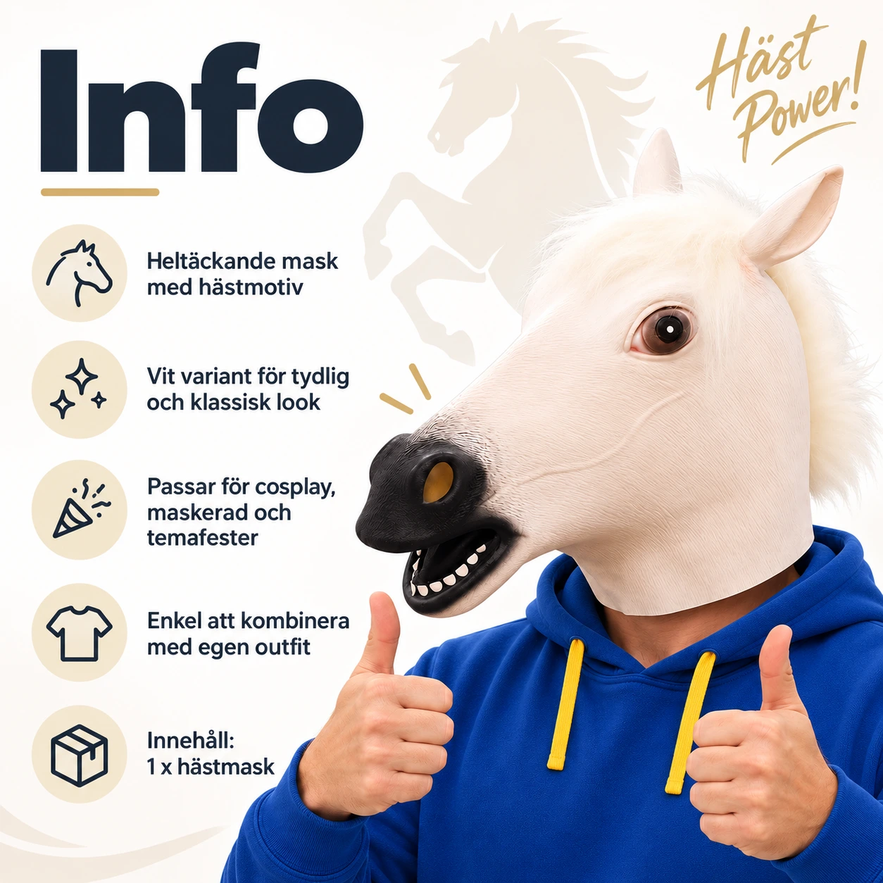 Vit Häst Latexmask med Svart Mula