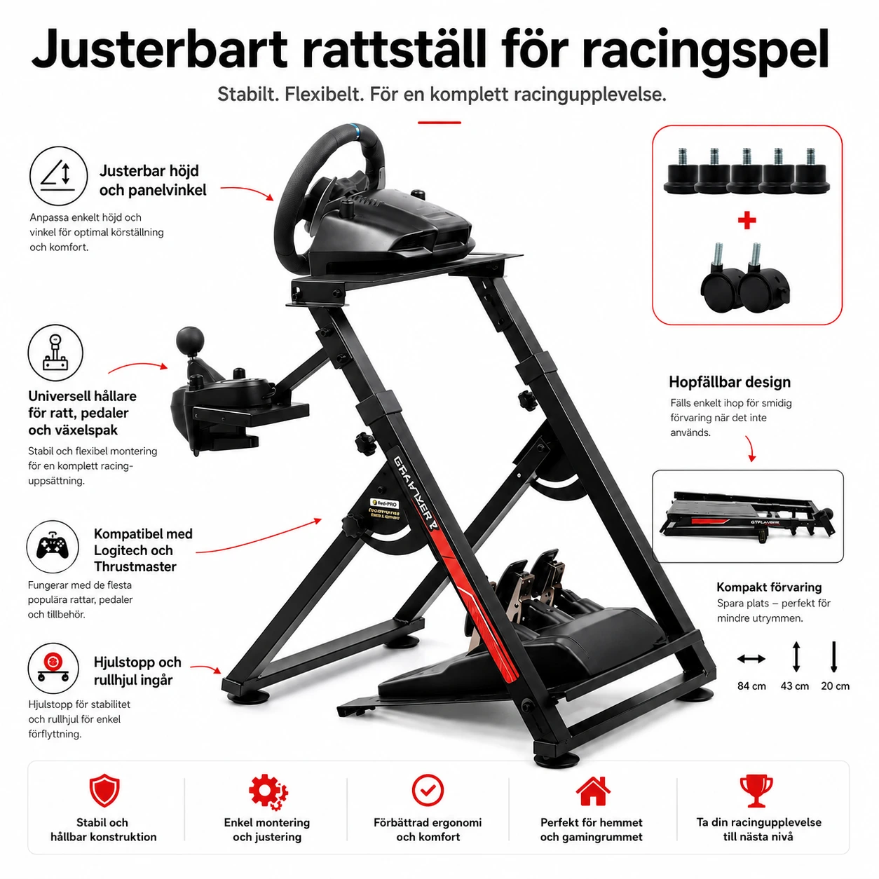 Rattställ för racingspel kompatibelt med Logitech och Thrustmaster