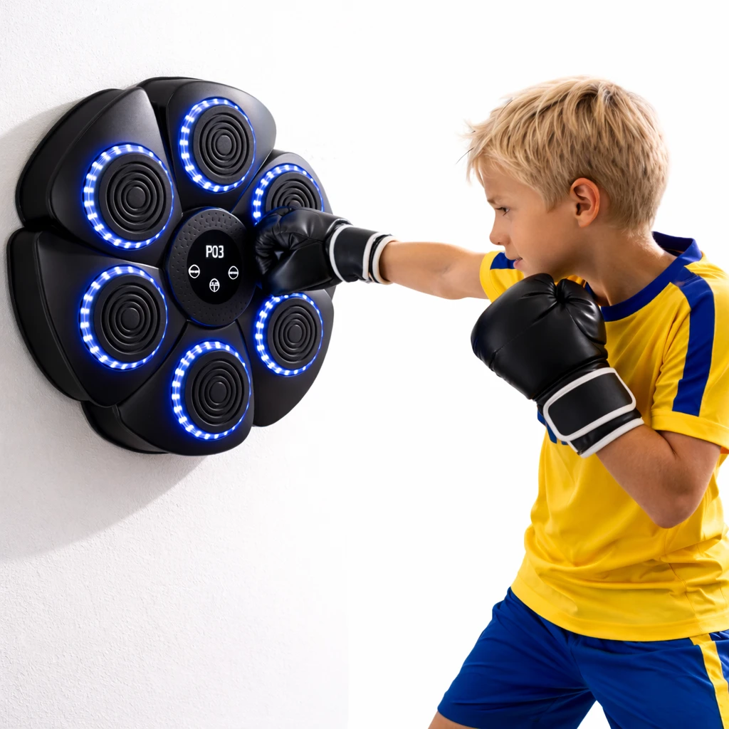 Musikstyrd Boxningsmaskin med Handskar – Reaktionsträning LED & Bluetooth