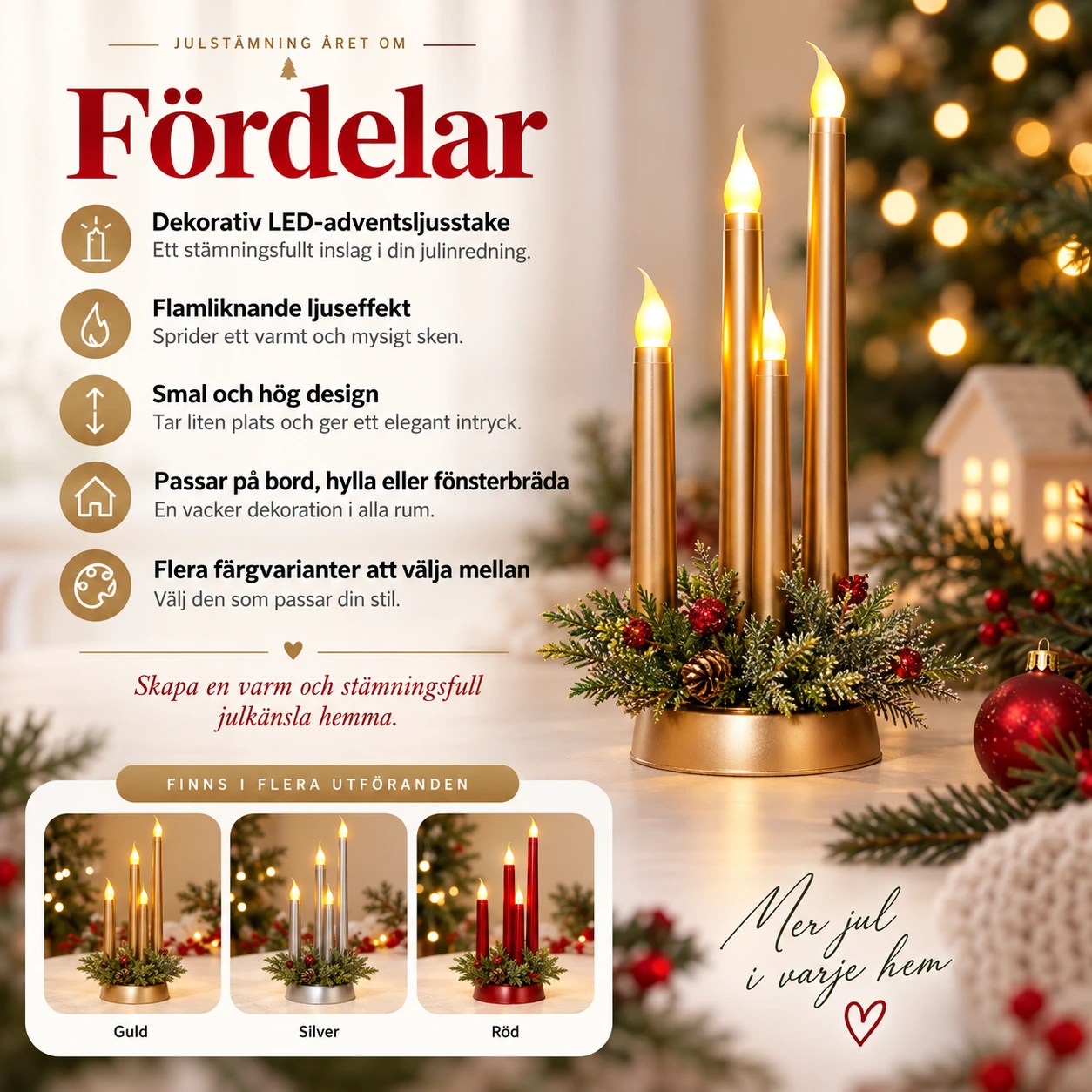 LED-adventsljusstake för juldekoration med flamliknande ljus